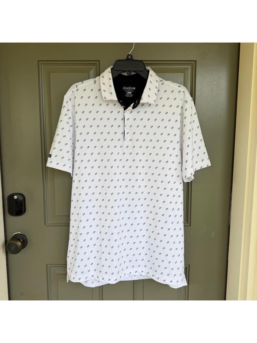 Good Good Golf Men's Focus Polo - White All-Over GG Logo - Size Large
